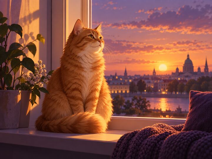 Картинки нейросети: кот у окна